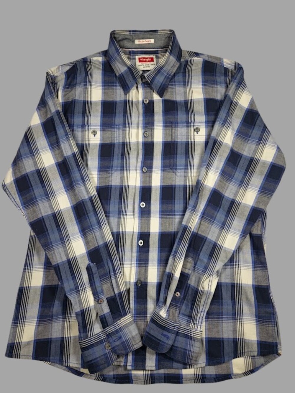 Wrangler Flex for Comfort Shirt Mens L Blue Plaid Long Sleeve Fall Button Up